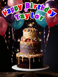Happy Birthday Taylor GIF: Beautiful birthday cake animated gif, a celebration of balloons, confetti, and sparklers. Customize banner and name.