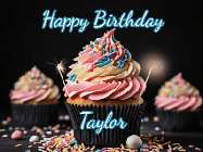 Happy Birthday Taylor GIF: A delicious cupcake gif with animated sparkles reading Happy Birthday with a name to customize