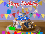 Happy Birthday Taylor GIF: Happy Birthday Cake GIF with a cat, lamb, and squirrel on the cake with flickering candles, a sparkler, and falling confetti. Reads Happy Birthday Name and you can customize the name