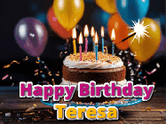 Happy Birthday Teresa GIF: A birthday cake with flickering candles gif with text reading Happy Birthday and a Name slot to customize