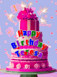 Happy Birthday Teresa GIF: A big beautiful birthday cake gif with falling confetti, sparklers, and balloons, reads Happy Birthday Name. Customize it.