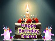 Happy Birthday Teresa GIF: An animated gif with 2 unicorns and a birthday candle on a cake.