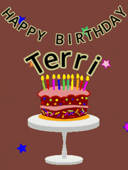 Happy Birthday Terri GIF: Animated birthday gif of a chocolate cartoon cake and stars. Animated text can be customized with name.