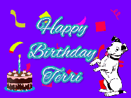 Happy Birthday Terri GIF: Silly happy birthday gif with a cute dog in a corner and rainbow animation confetti. Birthday cake in order with candle.