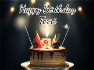 Happy Birthday Terri GIF: Animated birthday cake gif with sparklers on a dark background. Personalize up to 3 lines of text.