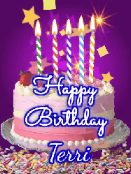 Happy Birthday Terri GIF: Happy birthday animated gif of a brightly lit birthday cake, birthday candles, and falling confetti. Customize name.