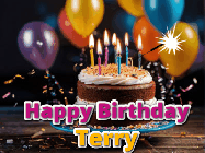 Happy Birthday Terry GIF: A birthday cake with flickering candles gif with text reading Happy Birthday and a Name slot to customize