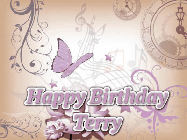 Happy Birthday Terry GIF: Classical birthday gif background with colorful musical notes floating past and a name you can customize, reads Happy Birthday.