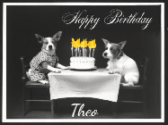 Happy Birthday Theo GIF: Vintage animated birthday card gif with name, flickering candles, birthday cake, and 2 dogs sitting at the table.