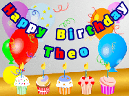 Happy Birthday Theo GIF: Animated happy birthday gif with a party balloon background, a row of cupcakes, and birthday banner to customize.