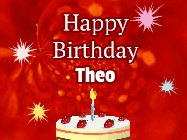 Happy Birthday Theo GIF: A bright red happy birthday gif animated with a cake candle, and glitter and sparkles. Customize with name.