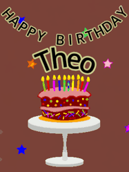 Happy Birthday Theo GIF: Animated birthday gif of a chocolate cartoon cake and stars. Animated text can be customized with name.