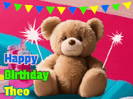 Happy Birthday Theo GIF: A cute birthday teddy bear animated birthday gif with the bear holding sparklers and text to customize.
