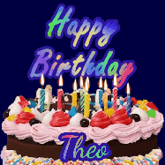 Happy Birthday Theo GIF: A dark blue birthday gif with a beautiful cake with flickering candles, background sparkles and a name to customize.