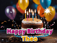 Happy Birthday Theo GIF: A birthday cake with flickering candles gif with text reading Happy Birthday and a Name slot to customize