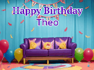 Happy Birthday Theo GIF: Animated gif happy birthday with 3 rings of fireworks in front of a party room sofa. Customize it.