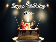 Happy Birthday Theo GIF: Animated birthday cake gif with sparklers on a dark background. Personalize up to 3 lines of text.