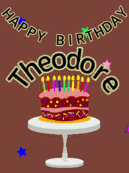 Happy Birthday Theodore GIF: Animated birthday gif of a chocolate cartoon cake and stars. Animated text can be customized with name.