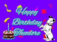 Happy Birthday Theodore GIF: Silly happy birthday gif with a cute dog in a corner and rainbow animation confetti. Birthday cake in order with candle.