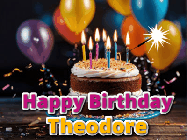 Happy Birthday Theodore GIF: A birthday cake with flickering candles gif with text reading Happy Birthday and a Name slot to customize
