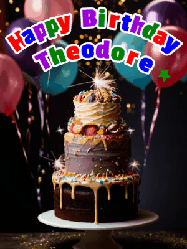 Happy Birthday Theodore GIF: Beautiful birthday cake animated gif, a celebration of balloons, confetti, and sparklers. Customize banner and name.