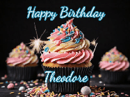 Happy Birthday Theodore GIF: A delicious cupcake gif with animated sparkles reading Happy Birthday with a name to customize