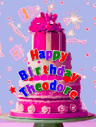 Happy Birthday Theodore GIF: A big beautiful birthday cake gif with falling confetti, sparklers, and balloons, reads Happy Birthday Name. Customize it.