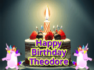 Happy Birthday Theodore GIF: An animated gif with 2 unicorns and a birthday candle on a cake.