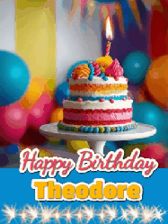 Happy Birthday Theodore GIF: A birthday card gif with a cake and candle and a blue ribbon with animated sparklers. Reads Happy Birthday Name
