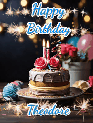 Happy Birthday Theodore GIF: Sparkles and glitter happy birthday gif with a cake and flickering candles and sparklers behind the words happy birthday customize