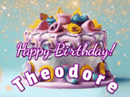 Happy Birthday Theodore GIF: A beautiful birthday cake gif with animated sparkles and glitter Happy Birthday Name you can customize