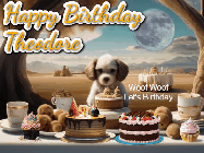 Happy Birthday Theodore GIF: Animated birthday gif with a dog at a fancy birthday table loaded with cakes as hearts appear. It reads Happy Birthday Customize.