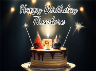 Happy Birthday Theodore GIF: Animated birthday cake gif with sparklers on a dark background. Personalize up to 3 lines of text.
