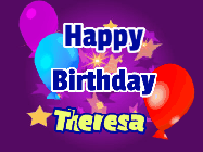 Happy Birthday Theresa GIF: A lovely purple birthday gif animated with moving text, a balloon, and bubbles. Customize it.