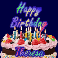 Happy Birthday Theresa GIF: A dark blue birthday gif with a beautiful cake with flickering candles, background sparkles and a name to customize.