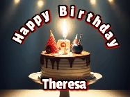 Happy Birthday Theresa GIF: Animated happy birthday gif with a cake and flickering candles with colorful falling confetti and text reading Happy Birthday
