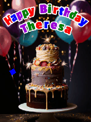 Happy Birthday Theresa GIF: Beautiful birthday cake animated gif, a celebration of balloons, confetti, and sparklers. Customize banner and name.