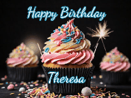 Happy Birthday Theresa GIF: A delicious cupcake gif with animated sparkles reading Happy Birthday with a name to customize