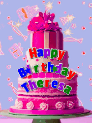 Happy Birthday Theresa GIF: A big beautiful birthday cake gif with falling confetti, sparklers, and balloons, reads Happy Birthday Name. Customize it.