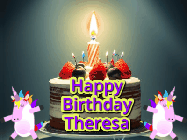 Happy Birthday Theresa GIF: An animated gif with 2 unicorns and a birthday candle on a cake.