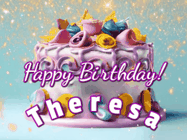 Happy Birthday Theresa GIF: A beautiful birthday cake gif with animated sparkles and glitter Happy Birthday Name you can customize