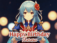 Happy Birthday Theresa GIF: Anime girl holding a birthday cake and an animated sword falls into it. Text reads Happy Birthday Customize