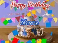 Happy Birthday Theresa GIF: Happy Birthday Cake GIF with a cat, lamb, and squirrel on the cake with flickering candles, a sparkler, and falling confetti. Reads Happy Birthday Name and you can customize the name