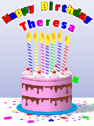 Happy Birthday Theresa GIF: Cartoon style happy birthday gif cake with confetti of stars and hearts, and rising balloons. Customize the name.