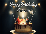 Happy Birthday Thomas GIF: Animated birthday cake gif with sparklers on a dark background. Personalize up to 3 lines of text.