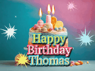Happy Birthday Thomas GIF: A colorful animated Happy Birthday Cake GIF with swirling sparkles and flickering candles. It reads Happy Birthday Name