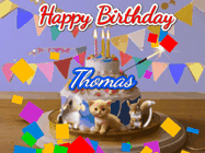 Happy Birthday Thomas GIF: Happy Birthday Cake GIF with a cat, lamb, and squirrel on the cake with flickering candles, a sparkler, and falling confetti. Reads Happy Birthday Name and you can customize the name