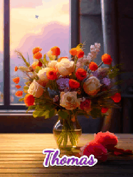 Happy Birthday Thomas GIF: A vase of flowers and animated hearts pop in and out as the words Happy Birthday Name appears that you can customize