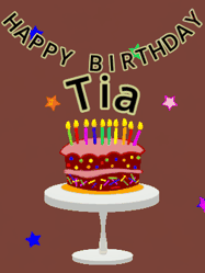 Happy Birthday Tia GIF: Animated birthday gif of a chocolate cartoon cake and stars. Animated text can be customized with name.