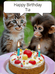 Happy Birthday Tia GIF: GIF with monkey and cake with birthday cake, flickering candles, they talk, a camera flash, big goofy smiles.